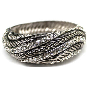 Stunning Rhinestone Silvertone Cuff Bracelet Waves Magnetic Hinge 1" Wide